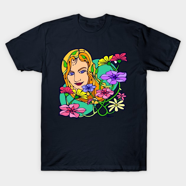 Colored Flowers and Young Woman T-Shirt by Julia Moon